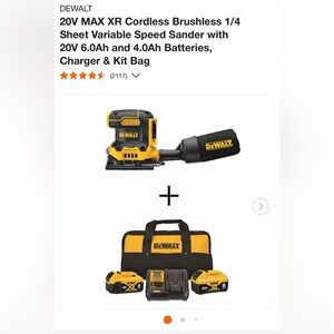 20V MAXXRCordlessBrushless 1/4
Sheet Variable Speed Sander BatteriesCharger &Bag